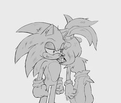  1boy 1girl bracelet bruise bruise_on_arm bruise_on_face crying gloves greyscale hairband hedgehog_boy hedgehog_ears hedgehog_tail highres injury jewelry monochrome shira-hedgie simple_background sobbing sonic_(series) sonic_the_hedgehog spiked_bracelet spiked_hairband spikes surge_the_tenrec tenrec_girl white_background 