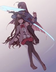  2girls amita81 black_choker black_hair black_sailor_collar bow bowtie brown_hair cardigan choker collared_shirt female_commander_(forever_7th_capital) forever_7th_capital full_body hair_between_eyes highres holding holding_hands holding_sword holding_weapon jyuuku_(forever_7th_capital) kneehighs long_hair long_sleeves looking_at_viewer lying_on_person multiple_girls pantyhose pleated_skirt red_bow red_bowtie red_eyes red_skirt sailor_collar shirt simple_background skirt socks sword very_long_hair weapon white_shirt 