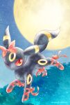  artist_name bow clothed_pokemon colored_sclera full_moon highres looking_at_viewer moon night no_humans one_eye_closed pokemon pokemon_(creature) red_bow red_eyes red_ribbon red_sclera remedy_matome ribbon shoes solo umbreon 