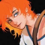  1girl black_background blue_eyes closed_mouth collarbone highres medium_hair nami_(one_piece) official_alternate_eye_color one_piece one_piece_(live_action) orange_hair portrait signature simple_background smile solo v-neck vamos_mk 