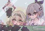  2girls :o ame_00531 collared_shirt controller crane_game firefly_(honkai:_star_rail) grey_eyes grey_hair hair_between_eyes honkai:_star_rail honkai_(series) long_hair multiple_girls ponytail ribbon shirt silver_wolf_(honkai:_star_rail) smile stuffed_toy two-tone_eyes upper_body 