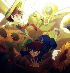  absurdres avatra blue_eyes blue_shirt blue_shorts brown_hair cape collared_shirt day edogawa_conan falling flower formal glasses hair_between_eyes hat highres holding holding_cape holding_clothes kaitou_kid long_sleeves magic_kaito male_focus meitantei_conan monocle monocle_chain necktie open_mouth red_footwear red_necktie shirt shoes short_hair shorts suit sunflower top_hat white_cape white_hat white_suit yellow_flower 