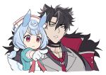  1boy 1girl :&lt; acupofbread animal_ears aqua_dress bandaged_neck bandages black_hair black_shirt blue_eyes blue_hair bow bowtie closed_mouth coat coat_on_shoulders collarbone collared_shirt commentary disgust dress eyelashes frown fur-trimmed_coat fur_trim genshin_impact gloves grey_hair grey_vest hair_between_eyes hair_ornament hat highres lapels long_sleeves low_twintails medium_hair multicolored_hair necktie nurse_cap outstretched_arm outstretched_hand parted_bangs parted_lips pointing pom_pom_(clothes) pom_pom_hair_ornament red_bow red_bowtie red_eyes red_necktie scar scar_on_cheek scar_on_face scar_on_neck shirt short_hair short_twintails sidelocks sigewinne_(genshin_impact) simple_background streaked_hair symbol-only_commentary twintails two-sided_coat two-sided_fabric upper_body v-shaped_eyebrows vest white_background white_gloves white_hat wriothesley_(genshin_impact) 