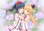  2girls ;d ^_^ arm_cuffs aunt_and_niece beret black_hair black_hat blonde_hair blue_eyes blunt_bangs blurry blurry_background closed_eyes collared_dress dress frilled_cuffs green_background hair_ornament hair_scrunchie hat highres imminent_hug itsumura_haruka itsumura_yukari looking_at_another low_twintails mini_hat mini_top_hat multiple_girls necktie one_eye_closed open_mouth pleated_dress re:stage! red_hat red_necktie scrunchie short_dress sidelocks sleeveless sleeveless_dress smile striped_clothes striped_dress tilted_hat top_hat twintails vertical-striped_clothes vertical-striped_dress white_dress white_scrunchie yutuki_ame 