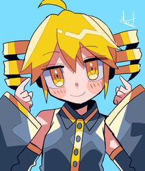  1girl ahoge alternate_color blonde_hair blue_background blush_stickers collared_shirt detached_sleeves drill_hair kasane_teto long_sleeves looking_at_viewer pointing pointing_at_self shirt sleeveless sleeveless_shirt smile solo twin_drills upper_body utau yellow_eyes yuusuke-kun 