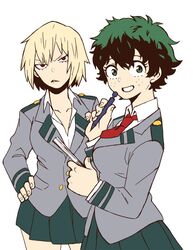  2girls bakugou_katsuki boku_no_hero_academia breasts collarbone freckles frown genderswap genderswap_(mtf) green_eyes green_hair holding holding_notepad holding_pencil medium_breasts midoriya_izuku monotsuki multiple_girls notepad pencil pleated_skirt red_eyes school_uniform short_hair skirt smile white_hair 