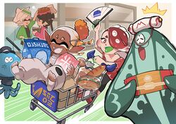  anger_vein big_man_(splatoon) black_hair bread callie_(splatoon) dark-skinned_female dark_skin folding_fan food food_on_head frye_(splatoon) gomipomi grey_hair hand_fan holding holding_fan holding_food inkling jellyfish jellyfish_(splatoon) manta_ray marie_(splatoon) object_on_head octoling pasta pointy_ears redhead rice riding sandwich sharp_teeth shiver_(splatoon) shopping_cart splatoon_(series) splatoon_3 surprised teeth white_hair 