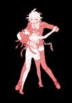  1boy 1girl :d absurdres artist_name bandaged_leg bandages black_background chain chain_leash collar dancing danganronpa_(series) danganronpa_2:_goodbye_despair danganronpa_another_episode:_ultra_despair_girls hair_between_eyes high_heels highres jacket kado_51 komaeda_nagito leash messy_hair metal_collar nurse open_clothes open_jacket open_mouth oven_mitts pants servant_(danganronpa) shoes single_thighhigh smile standing thigh-highs tsumiki_mikan 