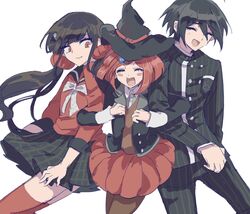  1boy 2girls black_hair black_jacket black_sailor_collar blunt_bangs blush bow bowtie brown_hair brown_vest buttons closed_eyes collared_jacket commentary danganronpa_(series) danganronpa_v3:_killing_harmony double-breasted gem_hair_ornament hair_between_eyes hair_ornament hair_scrunchie happy harukawa_maki hat hat_belt highres jacket locked_arms long_hair long_sleeves low_twintails multiple_girls open_mouth pants pinstripe_jacket pinstripe_pants pinstripe_pattern pleated_skirt raise_(lightanswer) red_eyes red_scrunchie red_shirt red_skirt red_thighhighs redhead saihara_shuichi sailor_collar school_uniform scrunchie shirt short_hair simple_background skirt smile striped_clothes striped_jacket striped_pants symbol-only_commentary thigh-highs twintails vest white_bow white_bowtie witch_hat yumeno_himiko 