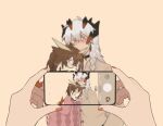  3girls alternate_hairstyle arkiwi arknights black_choker blurry blurry_foreground blush braid brown_eyes brown_hair brown_shirt cellphone choker closed_mouth collared_shirt commentary dragon_girl dragon_horns dragon_tail english_commentary feather_hair glasses hand_in_own_hair hand_on_another&#039;s_waist highres holding holding_phone horns ifrit_(arknights) long_hair long_sleeves looking_at_viewer medium_hair multiple_girls orange_eyes orange_nails phone pink_sweater saria_(arknights) semi-rimless_eyewear shirt silence_(arknights) simple_background single_braid smartphone sweater tail taking_picture under-rim_eyewear white_hair yellow_background yuri 
