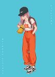  1girl absurdres amachu_a artist_name backpack bag baseball_cap blue_eyes breasts bulma capsule_corp commentary dragon_ball dragon_ball_(classic) full_body hand_in_pocket hand_on_own_hip hat high-waist_pants highres medium_breasts nike_(company) orange_pants pants pants_rolled_up purple_hair shoes sneakers solo 