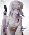  1girl :d blood blood_on_clothes blood_on_face blood_splatter blue_hair blunt_bangs blush buttons colored_inner_hair commentary_request cowboy_shot flower grey_background grey_hair gun hair_flower hair_ornament hand_up handgun highres holding holding_gun holding_weapon japanese_clothes kanzashi kimono leaning_forward lize_helesta lize_helesta_(6th_costume) long_hair looking_at_viewer multicolored_hair nijisanji obi obijime open_mouth sash sen_izm shirt shirt_under_kimono smile smoke smoking_gun solo streaked_hair translation_request twitter_username two-tone_hair violet_eyes virtual_youtuber weapon white_kimono white_shirt 