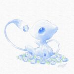  alternate_color animal_focus blue_eyes blue_flower blue_skin colored_skin flower grass highres mew_(pokemon) no_humans on_grass pokemon pokemon_(creature) sasabunecafe shiny_pokemon signature simple_background sitting smelling tail white_background 