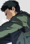 1boy ao_isami black_hair commentary_request from_side green_jumpsuit grey_background heavy_breathing highres jumpsuit looking_to_the_side male_focus open_mouth profile short_hair simple_background solo sweat wahootarou yuuki_bakuhatsu_bang_bravern 