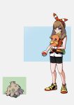  1girl absurdres bike_shorts black_shorts bow brown_hair closed_mouth fanny_pack full_body grey_eyes hair_bow highres holding holding_poke_ball holding_pokemon looking_at_another may_(pokemon) poke_ball poke_ball_(basic) pokemon pokemon_(creature) pokemon_oras red_bow red_shirt reisonant shirt shorts shroomish sleeveless sleeveless_shirt torchic 