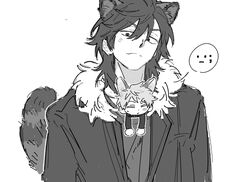  2boys animal_ears atou_haruki closed_eyes closed_mouth commentary fur-trimmed_jacket fur_trim gigantea_pp greyscale hair_between_eyes highres isoi_reiji jacket jaggy_lines kemonomimi_mode male_focus medium_hair mini_person miniboy monochrome multiple_boys open_clothes open_jacket raccoon_boy raccoon_ears raccoon_tail saibou_shinkyoku shirt short_hair sketch smile spoken_expression sweat symbol-only_commentary tail 