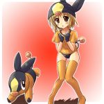  1girl bandana blush brown_hair buruma fingerless_gloves gloves moemon personification pig_snout pig_tail pokemon pokemon_(creature) pokemon_(game) pokemon_black_and_white pokemon_bw short_hair tail tenjou_ryuka tepig thigh-highs thighhighs 