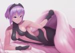  1girl bed_sheet black_gloves breasts commentary_request dark_skin fate/grand_order fate_(series) fingerless_gloves gloves hairband hassan_of_serenity_(fate) highres lifting_covers looking_at_viewer lying medium_breasts on_bed on_side purple_hair sheet_grab short_hair smile solo violet_eyes yoki_(yo_kyo) 