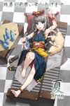  :d anklet arm_up armpits bare_legs barefoot belt blue_eyes bottle cat checkered checkered_floor couch feet from_above fukukitaru hands highres japanese_clothes jewelry kimono legs lying obi on_back open_mouth original pillow ramune silver_hair smile solo water_bottle yukata zanshomimai 