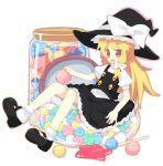  candy food hat in_food jar kirisame_marisa konpeitou lollipop mary_janes meito_(maze) minigirl shaped_lollipop shoe_dangle shoes skirt solo touhou witch_hat 