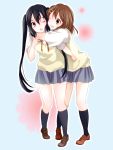  brown_eyes brown_hair hirasawa_yui hug k-on! legs long_hair nakano_azusa school_uniform short_hair shuri_(9818) twintails wink 