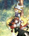  :3 against_tree animal_ears bangs blonde_hair blood blunt_bangs bow braid brown_hair cat_ears cat_tail chen dollar dress extra_ears fox_tail green_dress hair_bow happy jewelry kaenbyou_rin lap_pillow multiple_girls multiple_tails nosebleed peaceful red_hair short_hair single_earring sleeping sparkle tail touhou tree twin_braids yakumo_ran 