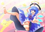 bad_feet barefoot blue_eyes blue_hair blush bow cirno dress feet foreshortening halo hat open_mouth ryosios short_hair smile soles solo star toes touhou wings wink 