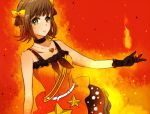  1girl bow brown_hair choker dress fire gloves green_eyes hair_bow heart idolmaster jewelry live_for_venus masaki_(celesta) outstretched_arm outstretched_hand pendant short_hair solo star 
