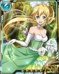  1girl blonde_hair breasts card_(medium) cleavage dress elbow_gloves forest gloves green_eyes hair_between_eyes hair_ornament hair_ribbon high_ponytail leafa long_hair medium_breasts nature neck_garter open_mouth outdoors ribbon skirt_hold solo star strapless strapless_dress sword_art_online tree white_gloves white_ribbon 