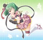  arm_warmers blush bow chips choker face fang green_hair hat k.y_ko macross macross_frontier midriff mini_top_hat polka_dot ranka_lee ribbon short_hair skirt smile solo star thigh-highs thighhighs top_hat white_legwear white_thigghighs wink 