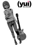  earrings guitar hair_over_one_eye hirasawa_yui instrument inui_sekihiko jeans jewelry k-on! listen!! midriff monochrome navel open_mouth shirt_lift the_rolling_stones 