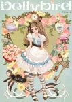  apron blonde_hair cake card cards cup doll_joints floating_card flower food hair_ribbon key lying_card matsuo_hiromi pink_rose pocket_watch ribbon rose solo teapot watch 