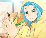  blue_hair character_request food frog green_eyes hamburger highres kosame_daizu rain raincoat 