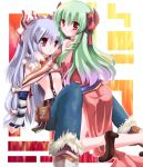  alternate_costume arm_support blue_hair blush bow china_dress chinese_clothes detached_sleeves ex-keine frown fujiwara_no_mokou gradient_hair green_hair hair_bow hair_ornament high_heels hizukiryou horn_ribbon horns kamishirasawa_keine kneeling large_bow lavender_hair looking_back multicolored_hair multiple_girls no_shirt pants pocket red_eyes ribbon shoes side_slit sitting suspenders touhou 