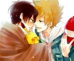  2boys amezawa_koma bad_id baseball_cap black_hair blanket blush brown_hair closed_eyes green_eyes hand_on_face hat hat_removed jacket love male multiple_boys ookido_green ookido_green_(hgss) pikachu pokemon pokemon_(creature) pokemon_(game) pokemon_gsc red_(pokemon) red_(pokemon)_(classic) red_eyes short_hair simple_background smile sparkle spiky_hair surprised yaoi 