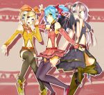  3girls aqua_eyes aqua_hair bat_wings blonde_hair boots bow elbow_gloves fingerless_gloves gloves hair_bow hair_ribbon hatsune_miku headphones headset heart_hunter kagamine_rin long_hair megurine_luka multiple_girls navel peconi pekoni_(peconi) pink_hair project_diva ribbon short_hair skirt smile thighhighs twintails vocaloid wings zettai_ryouiki 