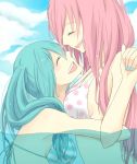  bikini bikini_top closed_eyes green_hair hatsune_miku hug koma_(remi_398) long_hair megurine_luka multiple_girls open_mouth pink_hair polka_dot polka_dot_bikini polka_dot_swimsuit smile striped striped_bikini striped_swimsuit submerged swimsuit twintails vocaloid yuri 