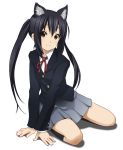  arm_support bad_id black_hair blush brown_eyes cat_ears k-on! long_hair moto2992 nakano_azusa photoshop purple_hair ribbon school_uniform sitting skirt smile twintails 