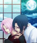  1girl black_hair cloud comforting couple food fruit grapes green_eyes haruno_sakura highres moon naruto pink_hair uchiha_sasuke 