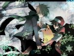  2boys asou_(zone54) bad_id baseball_cap black_hair brown_hair closed_eyes green_eyes hat holding_hands jacket jewelry leaf male multiple_boys necklace ookido_green pants pikachu pokemon pokemon_(creature) pokemon_(game) pokemon_gsc pokemon_rgby popped_collar red_(pokemon) red_(pokemon)_(classic) scarf short_hair smile snowflake spiky_hair vest yaoi 