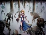  alice_margatroid artist_request blonde_hair blood bone book bow capelet cuts dress empty_eyes fate/stay_night fog grin hairband highres injury lips open_mouth red_eyes ribbon short_hair skeleton skull smile solo torn_clothes touhou tree undead zombie 
