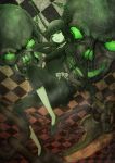  bad_id black_hair black_rock_shooter chain checkered checkered_floor collar collarbone dead_master glowing glowing_eyes green_eyes highres horns lionel_nakamura scythe skull solo wings 