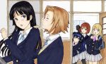  :d akiyama_mio bag black_hair blazer blonde_hair blue_eyes blue_hair blush brown_hair bush camera closed_eyes doorway embarrassed hair_ornament hairband hairclip hand_on_shoulder hirasawa_yui k-on! kiss kotobuki_tsumugi long_hair multiple_girls nakano_azusa open_mouth pantyhose pleated_skirt profile ribbon school_uniform skirt smile sweatdrop tainaka_ritsu twintails vest yrk_yuriko 