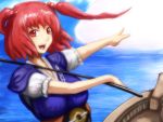  bad_id boat coin hair_bobbles hair_ornament m55 onozuka_komachi open_mouth pointing red_eyes red_hair redhead short_hair solo touhou twintails water 