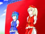  blue_eyes china_dress chinese_clothes cirno cosplay costume_switch flandre_scarlet hat hong_meiling hong_meiling_(cosplay) niwatazumi red_eyes touhou wings 
