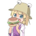  blonde_hair blue_eyes food hamburger hat moriya_suwako open_mouth short_hair solo touhou 