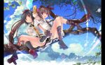  black_hair branch brown_hair cellphone geta grin hand_on_own_chest hat highres himekaidou_hatate in_tree leg_ribbon legs multiple_girls open_mouth orange_eyes outstretched_arm panties phone purple_eyes shameimaru_aya short_hair sitting sitting_in_tree sky smile sousouman taut_shirt tengu-geta tokin_hat touhou tree twintails underwear wallpaper 