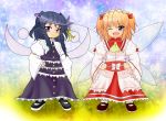 2girls blonde_hair fairy_wings fang multiple_girls open_mouth sugar_satellite sunny_milk touhou twintails wings wink 