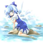  blue_eyes blue_hair bow cirno finger_to_mouth hair_bow kneeling ocean straddle sunbeam sunlight touhou water wet wet_clothes wings yatsuka 