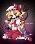  asymmetrical_hair blonde_hair blush bow character_name flandre_scarlet hat laevatein mary_janes moriwo open_mouth red_eyes shoes short_hair side_ponytail solo touhou wings 